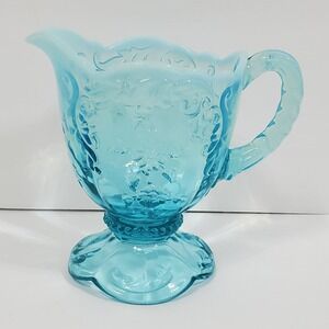 Northwood Intaglio Blue Opalescent Creamer Pitcher Glass Daisy Scroll Footed